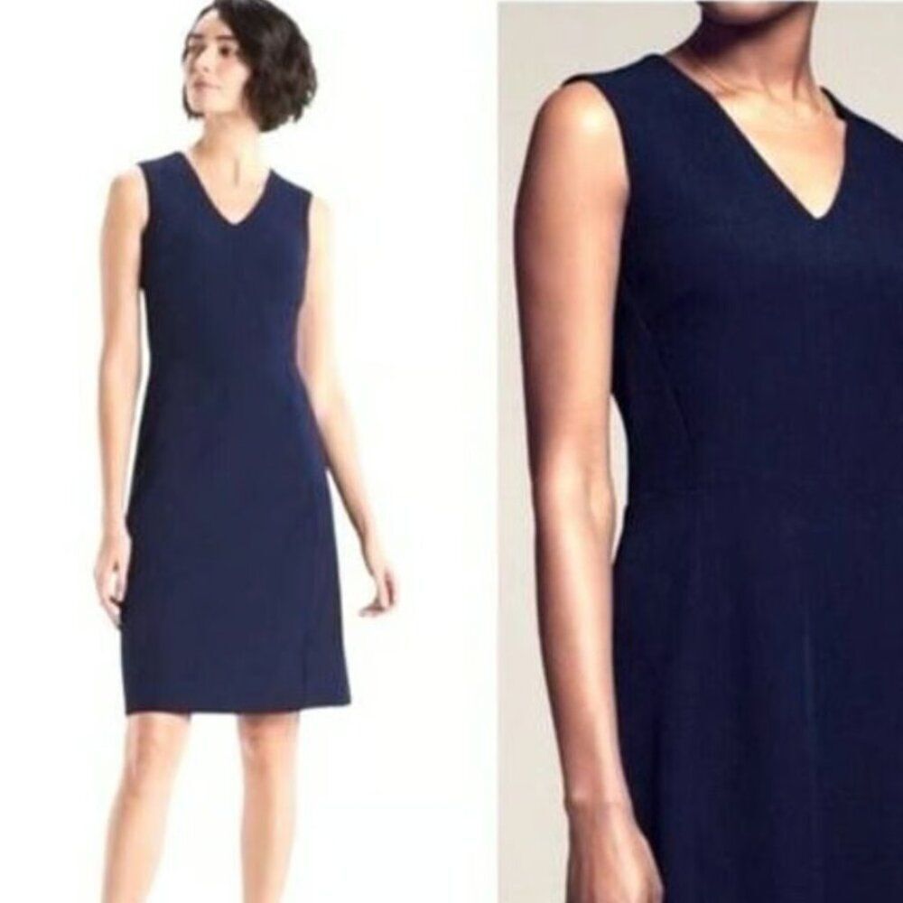 MM Lafleur Annie Sheath Dress Size 2 Navy Blue V-Neck Stretch Sleeveless Classic